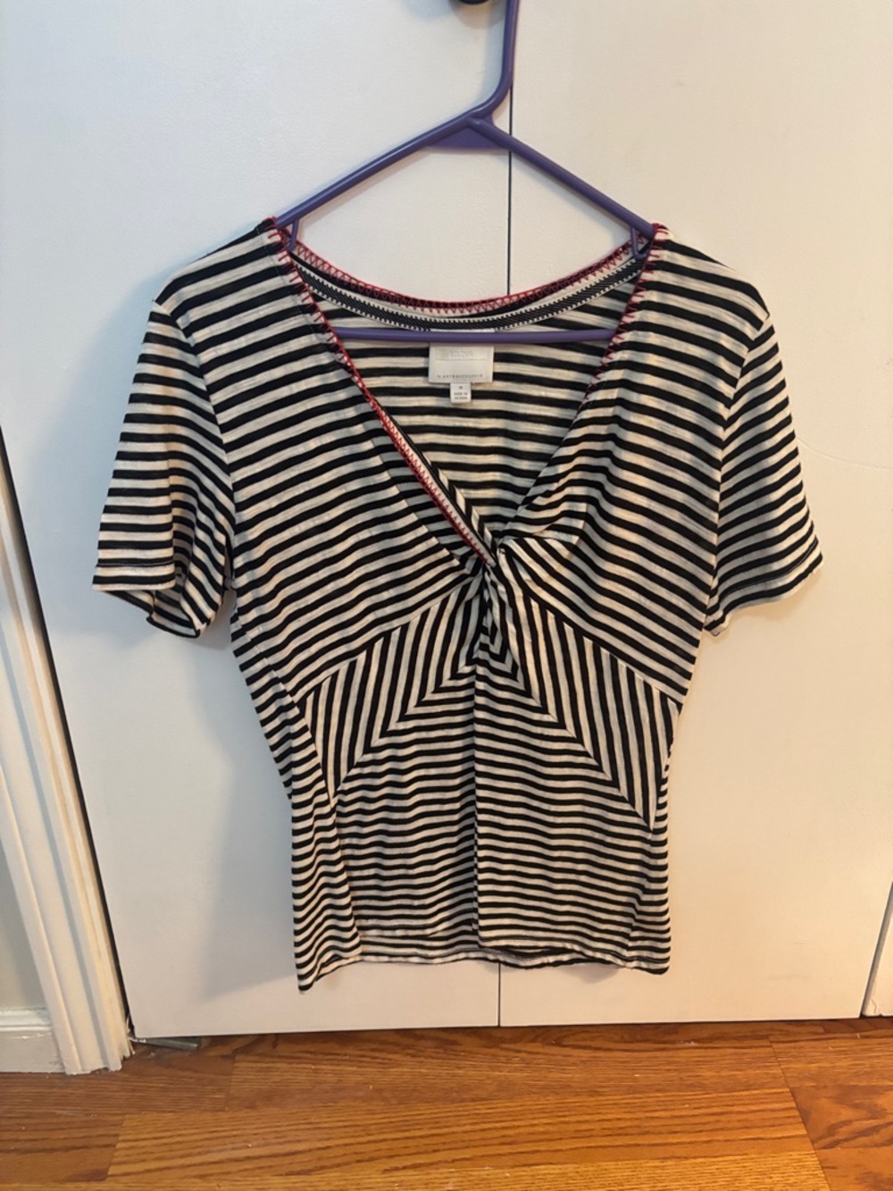 Anthropologie Black & White Striped Twist-Front Short Sleeve Top